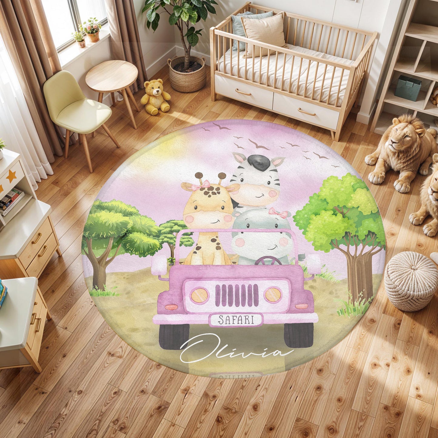 Safari Animals In Car Round Rug