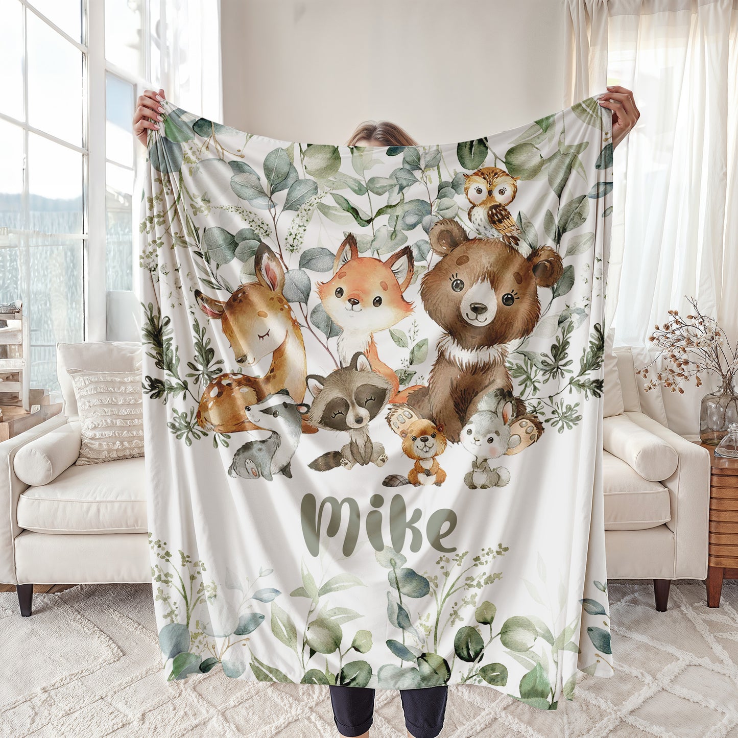 Woodland Animals Green Leaves Blanket