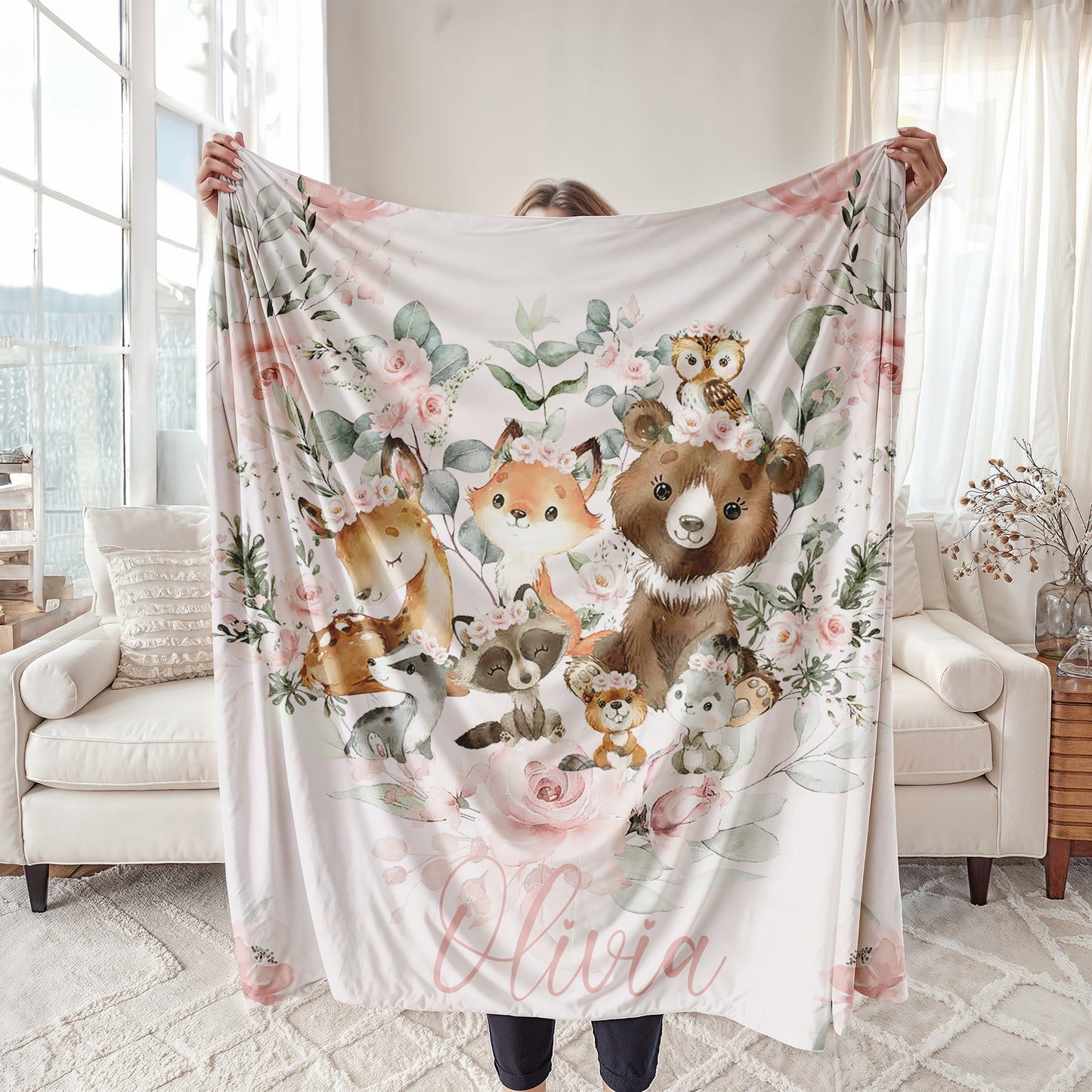 Woodland Animals Floral Blanket