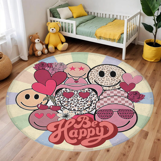 Be Happy Smile Face Round Rug