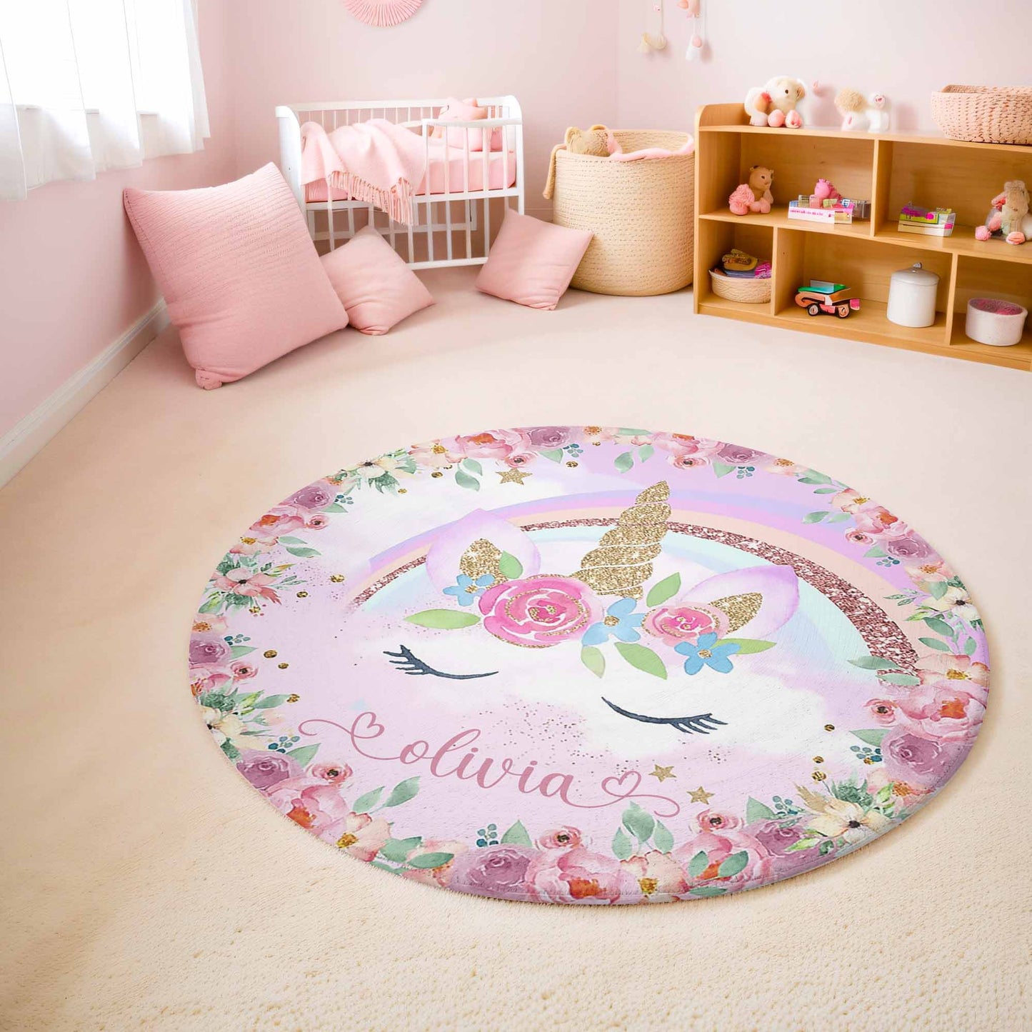 Unicorn Face Floral Round Rug