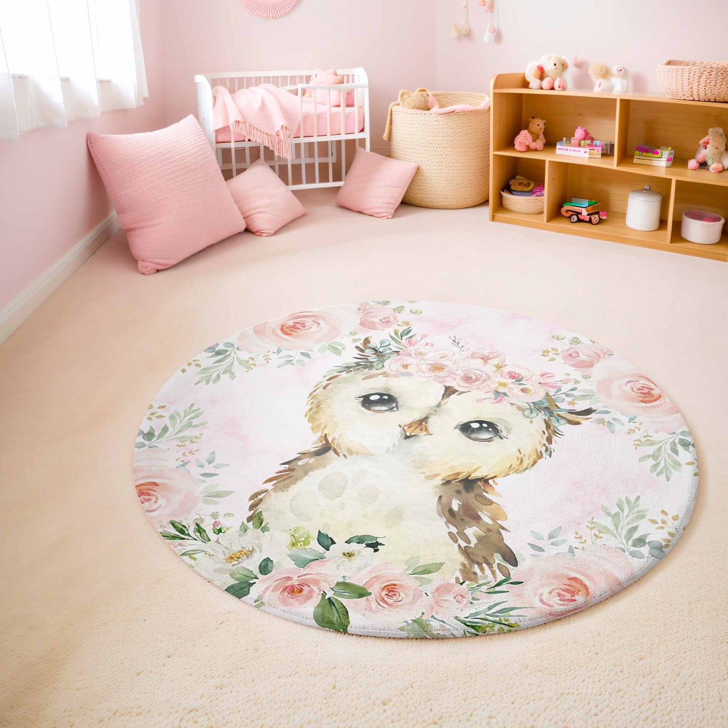 Baby Owl Rose Floral Round Rug