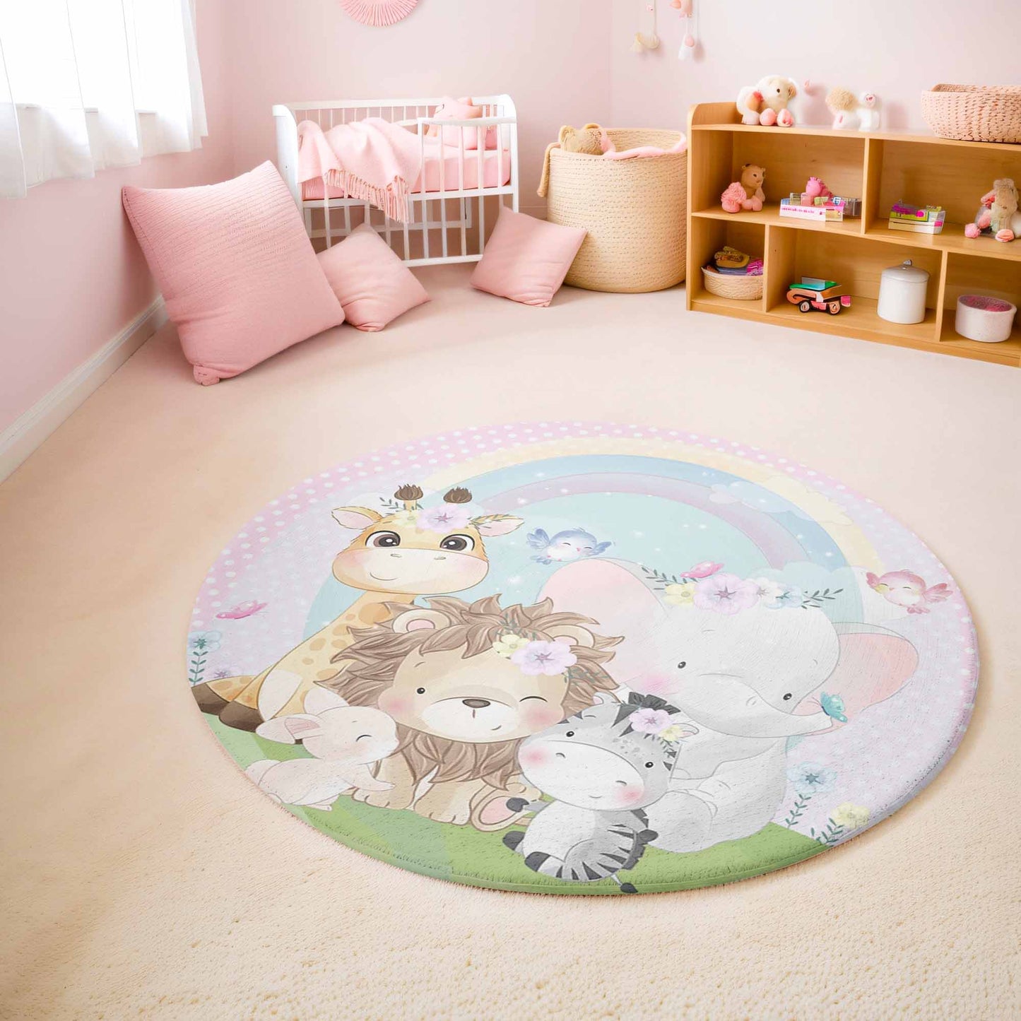 Rainbow Safari Animals Round Rug