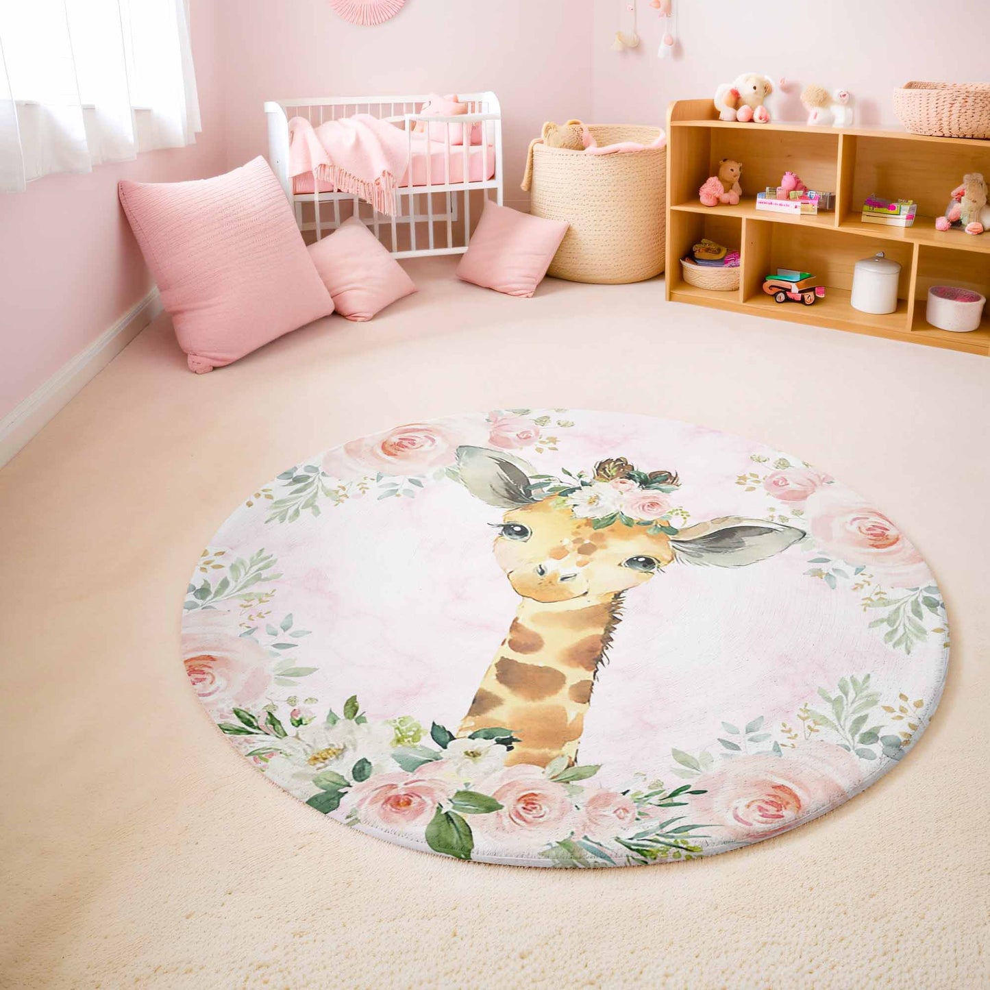 Baby Giraffe Rose Floral Round Rug