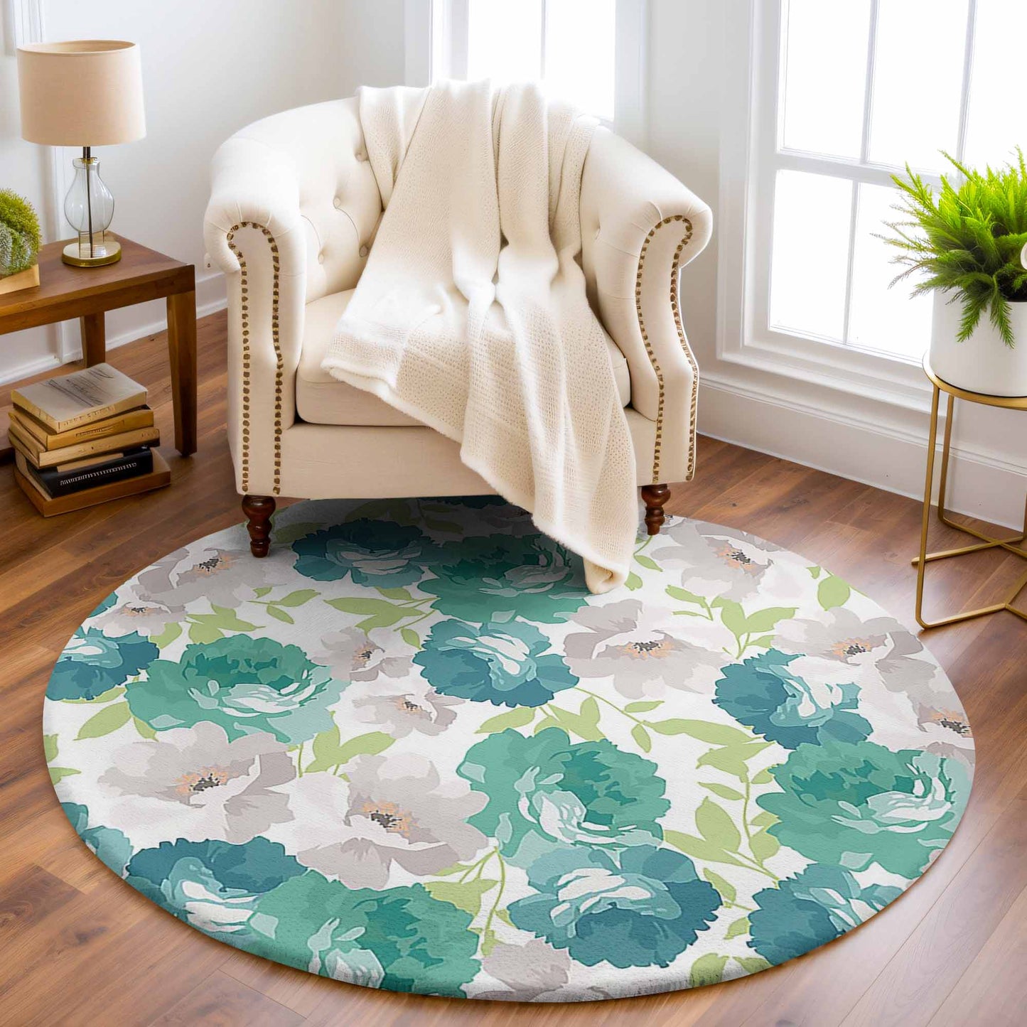 Green White Floral Round Rug