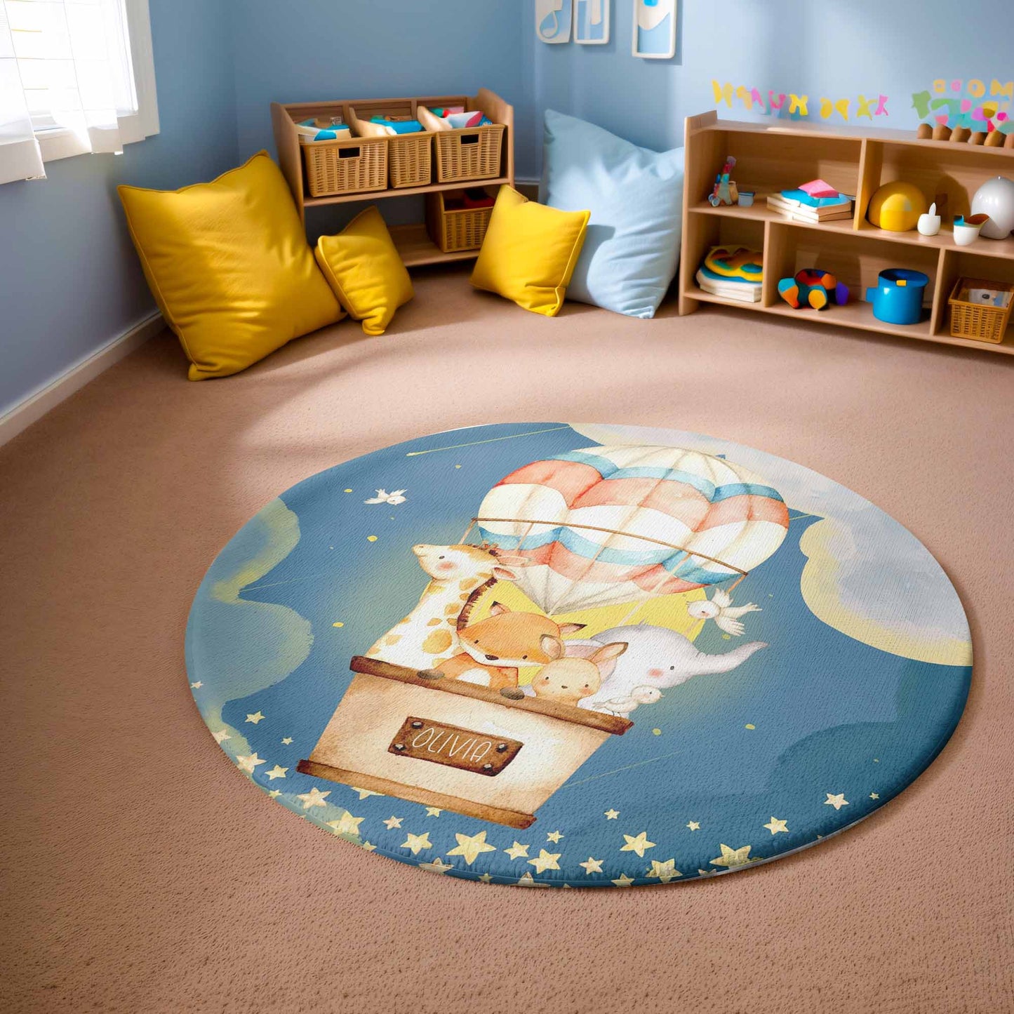 Hot Air Balloon Safari Animals Round Rug