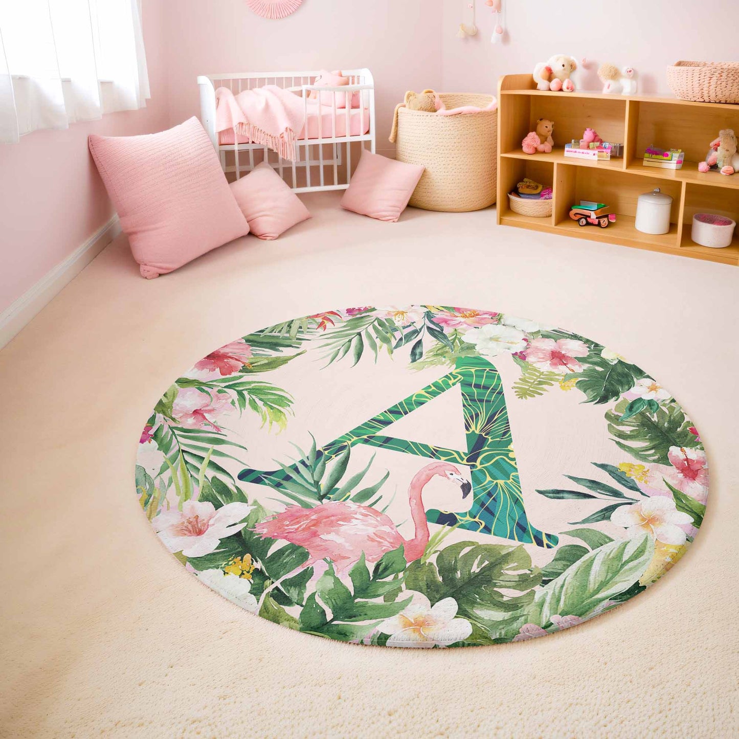 Tropical Flamingo Alphabet Round Rug