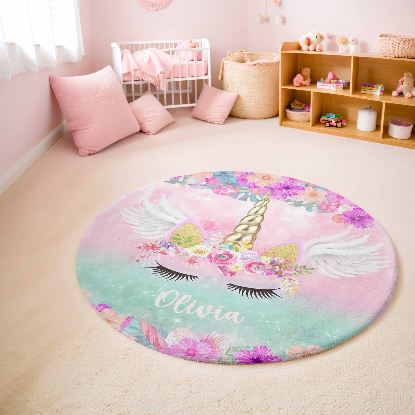 Floral Unicorn Face Round Rug