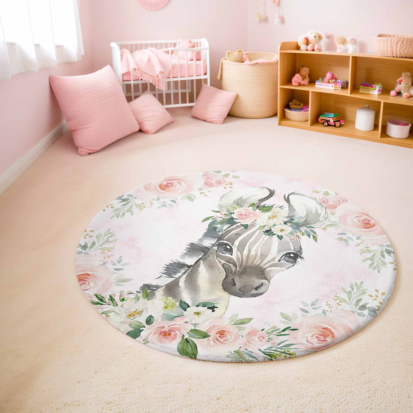 Baby Zebra Rose Floral Round Rug