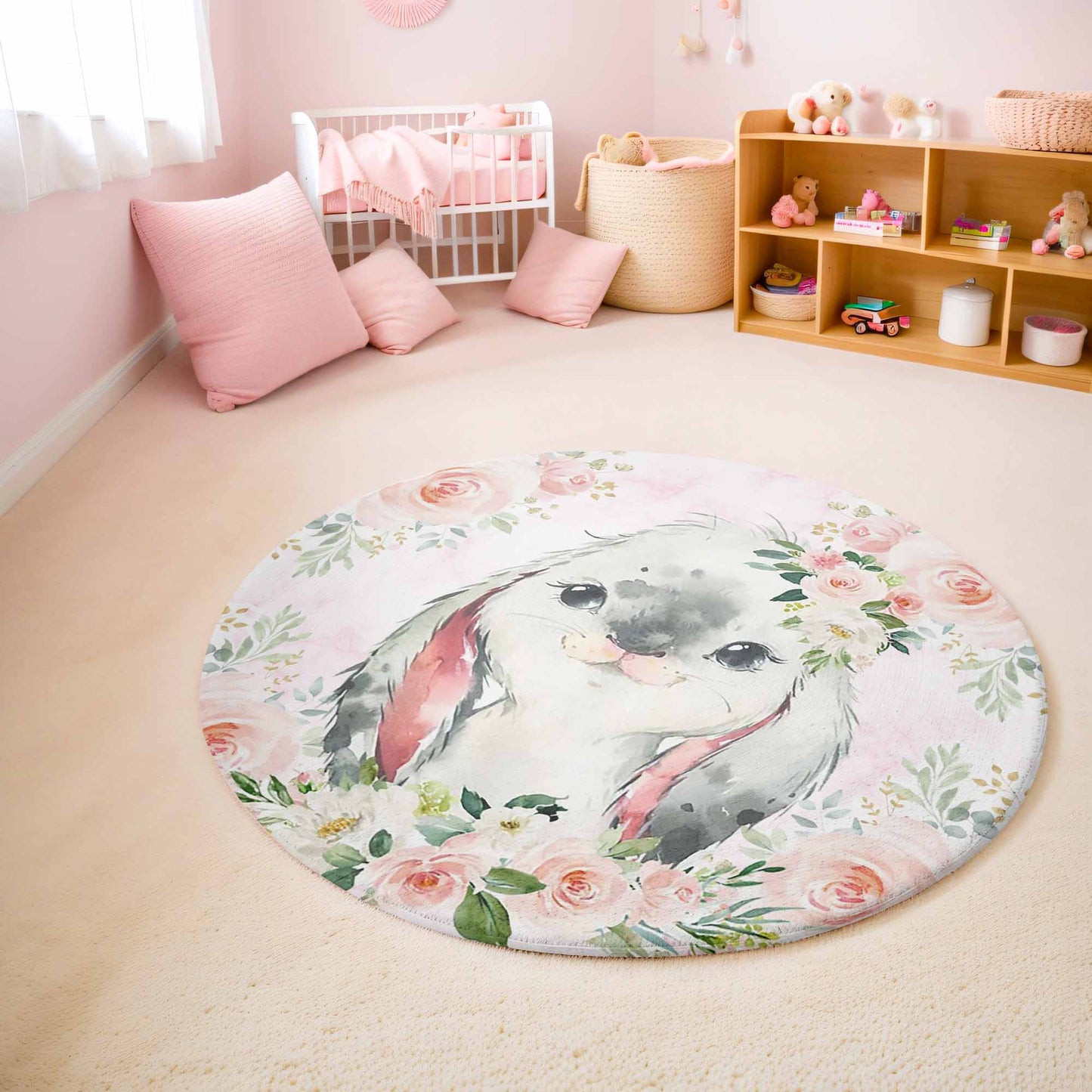 Baby Rabbit Rose Floral Round Rug