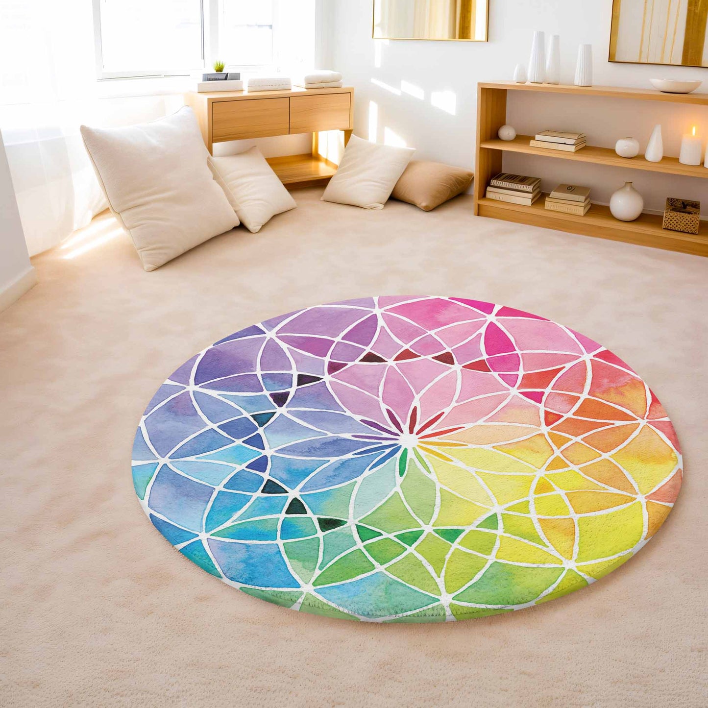 Rainbow Flower Of Life Round Rug