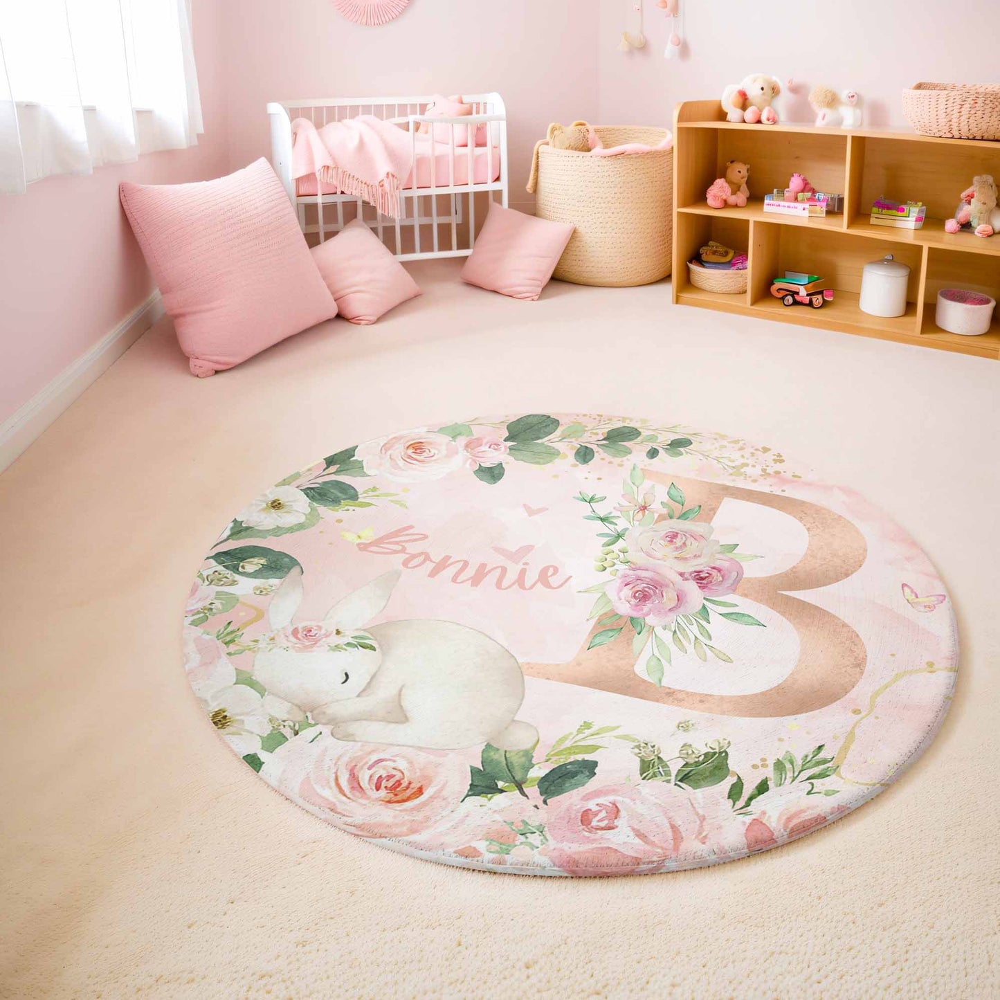 Baby Bunny Rose Floral Alphabet Round Rug