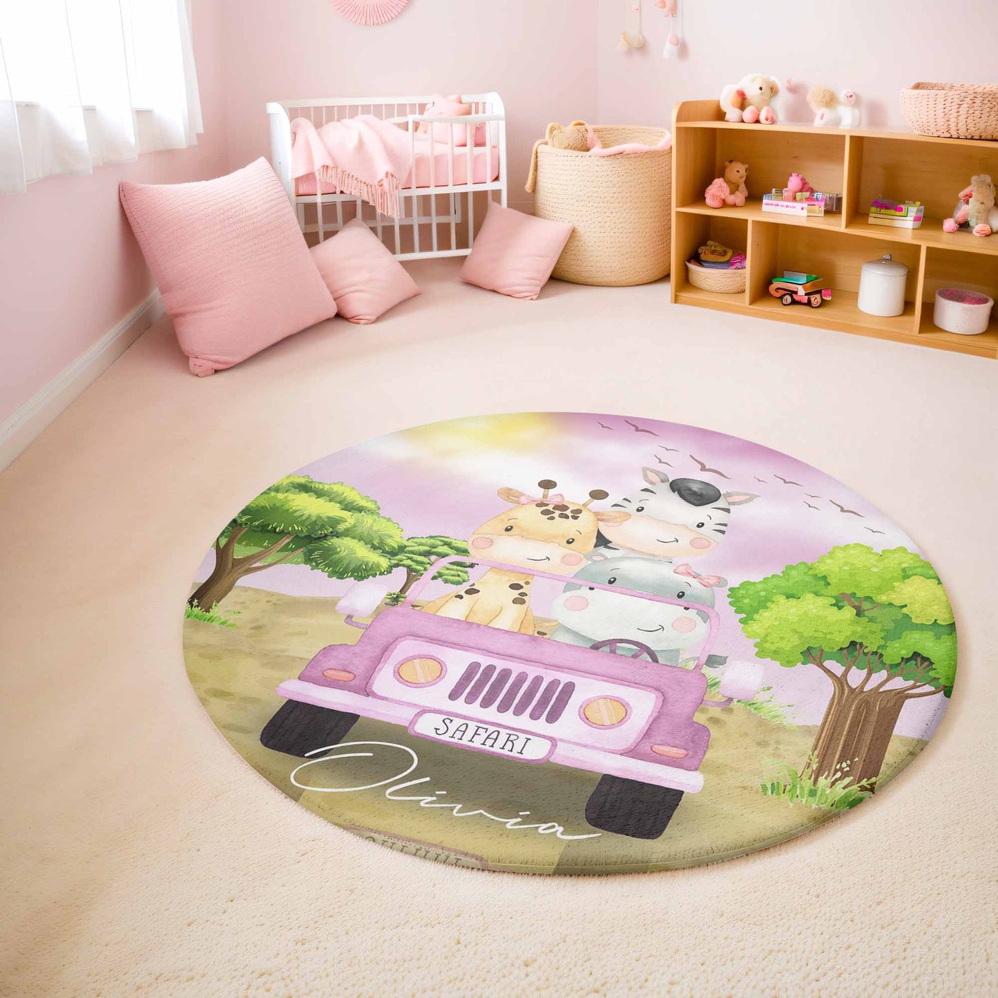 Safari Animals In Car Round Rug