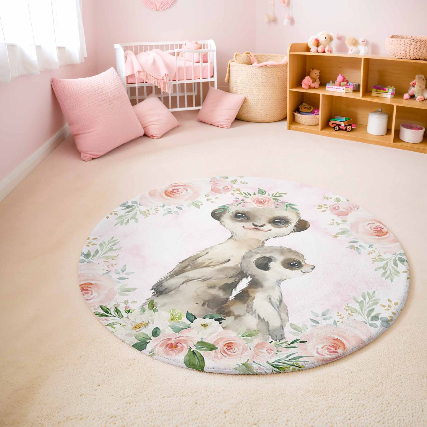 Mom And Baby Meerkat Rose Floral Round Rug