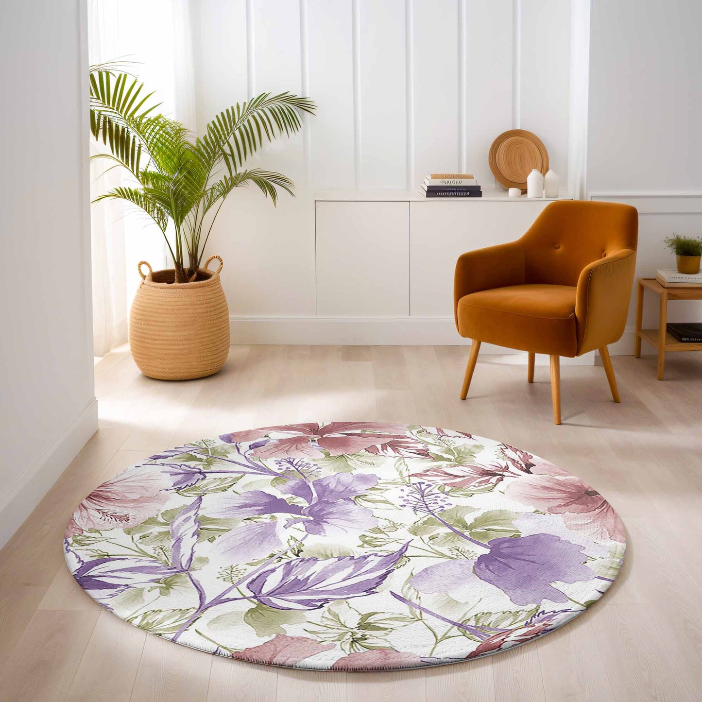 Purple Red Floral Round Rug