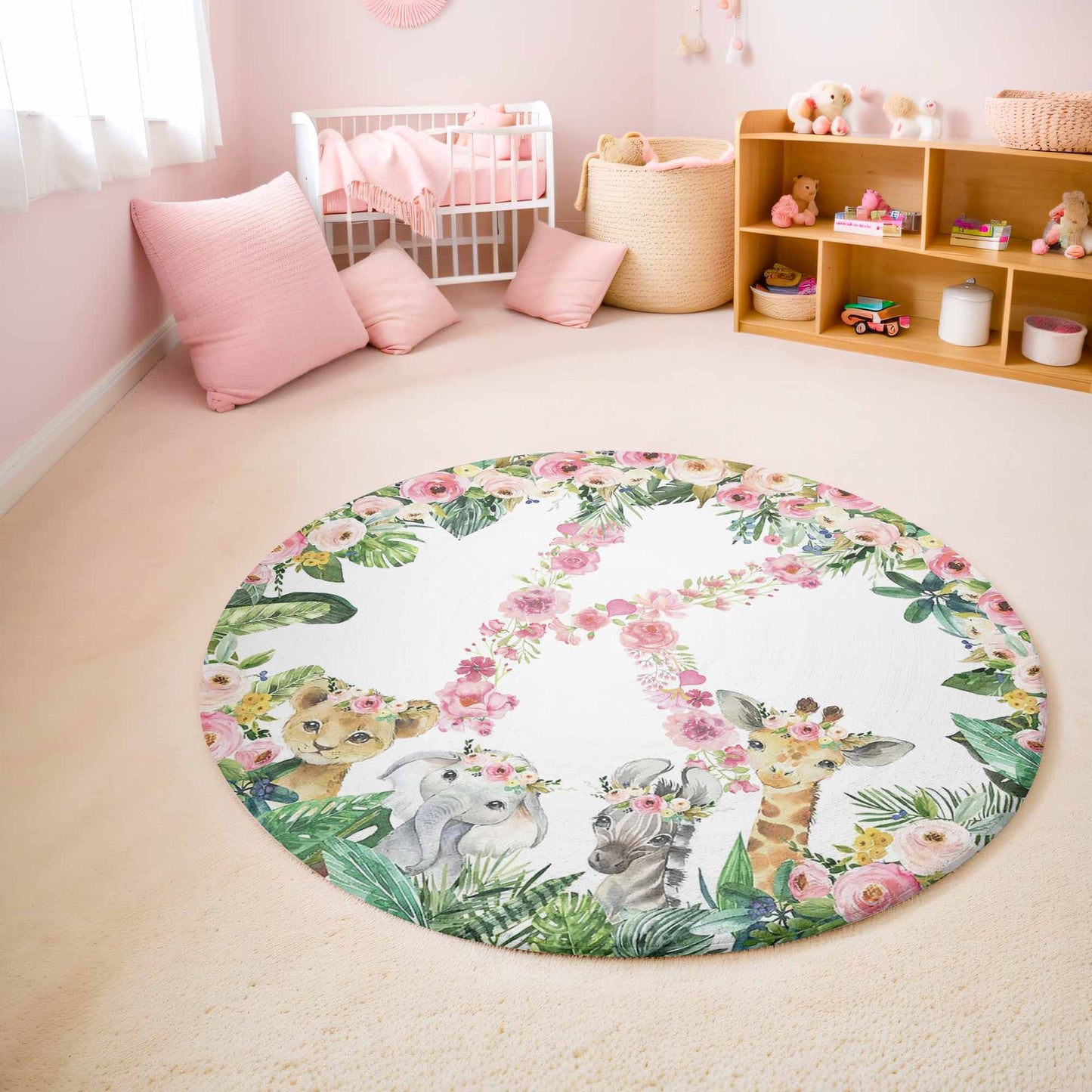 Safari Animals Floral Alphabet Round Rug