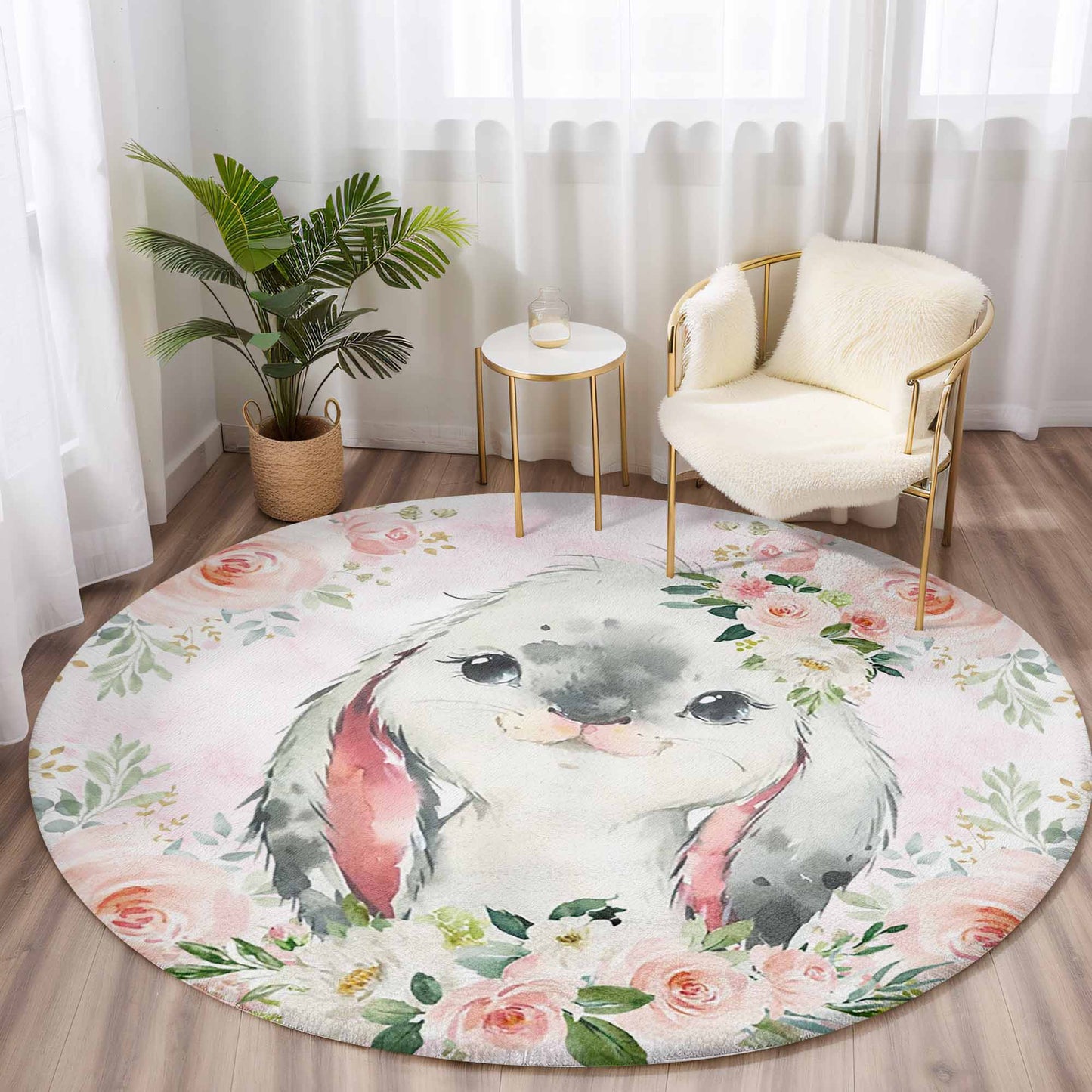 Baby Rabbit Rose Floral Round Rug