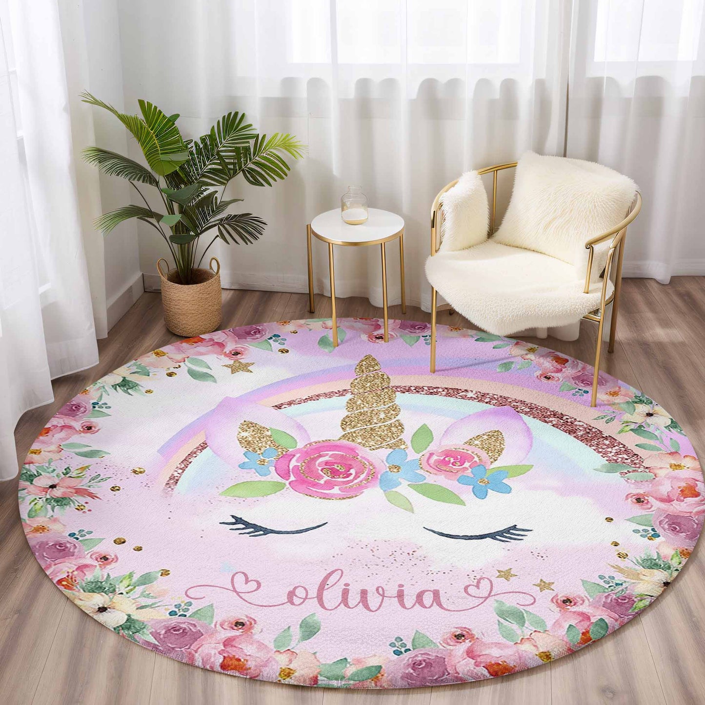 Unicorn Face Floral Round Rug