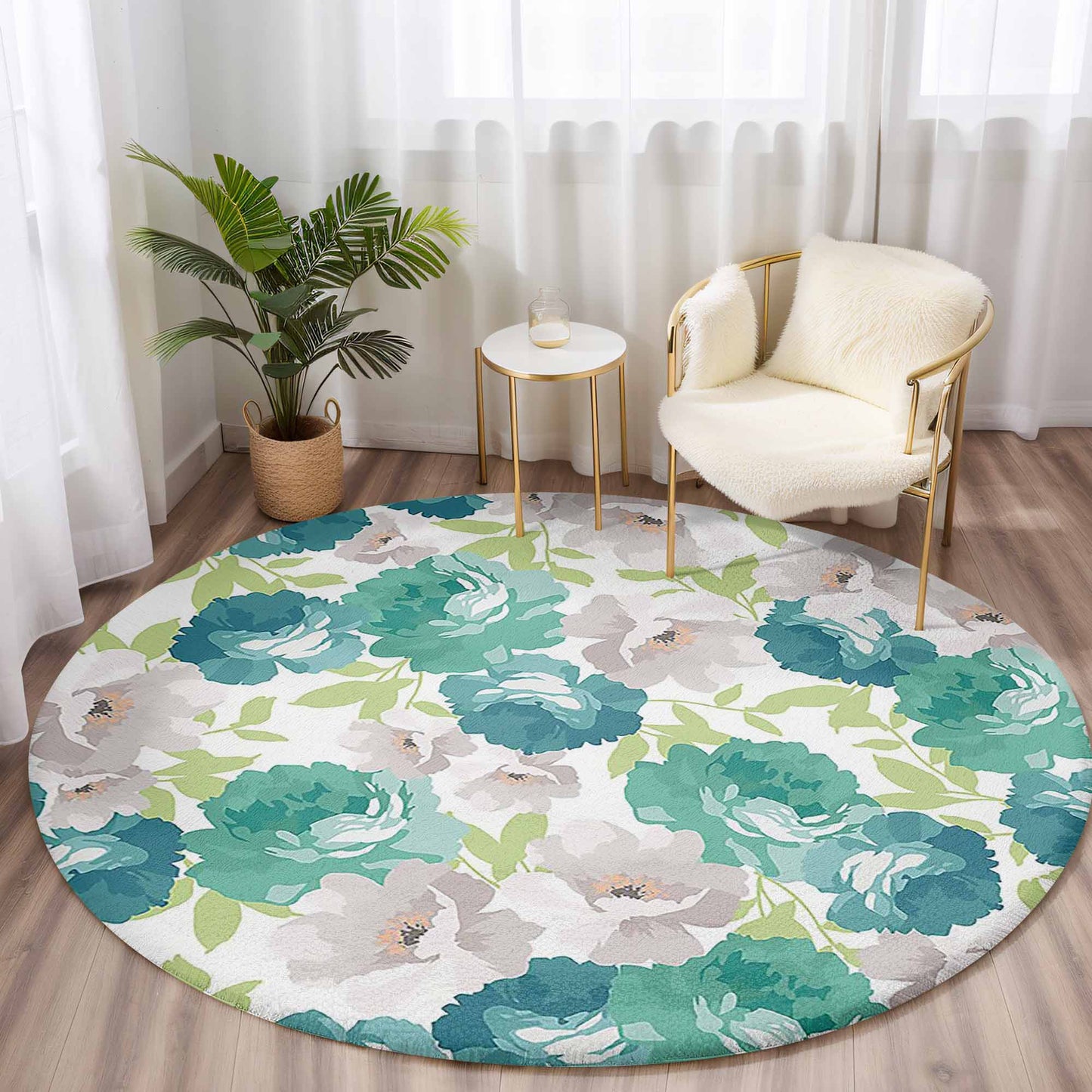 Green White Floral Round Rug