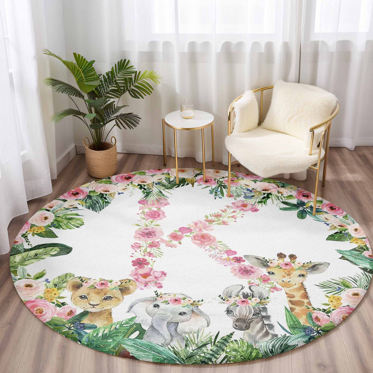 Safari Animals Floral Alphabet Round Rug