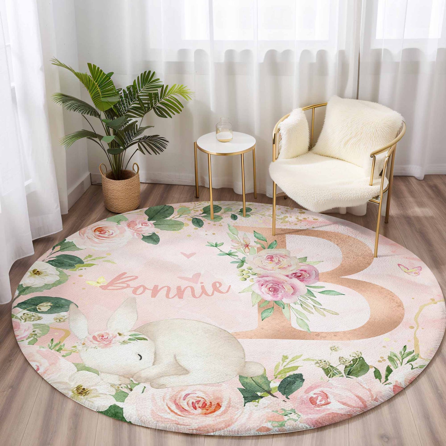 Baby Bunny Rose Floral Alphabet Round Rug