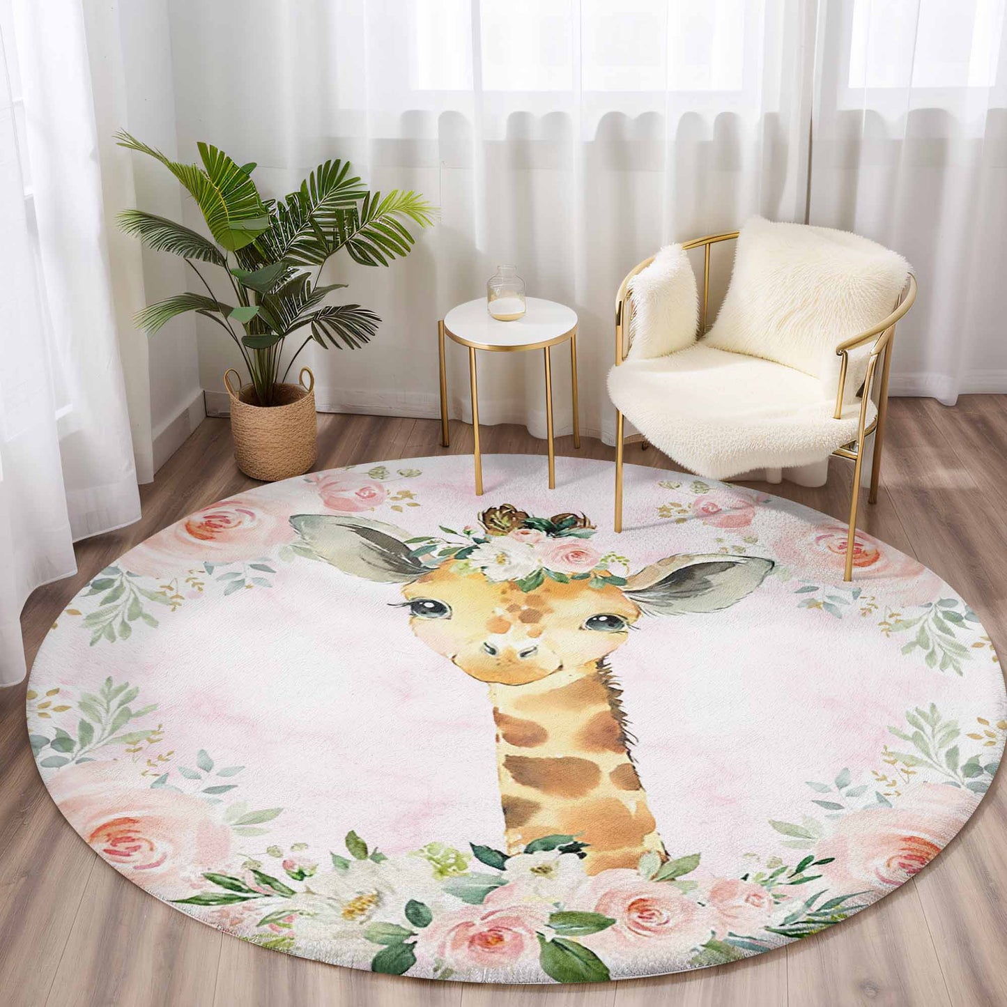 Baby Giraffe Rose Floral Round Rug