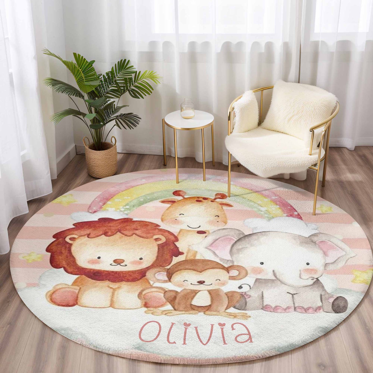 Rainbow Safari Animals Round Rug