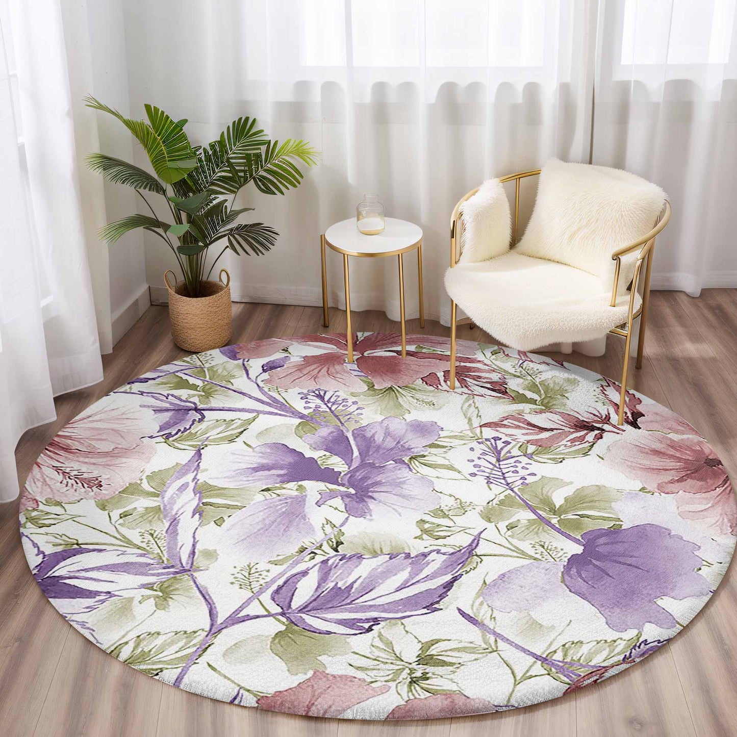 Purple Red Floral Round Rug