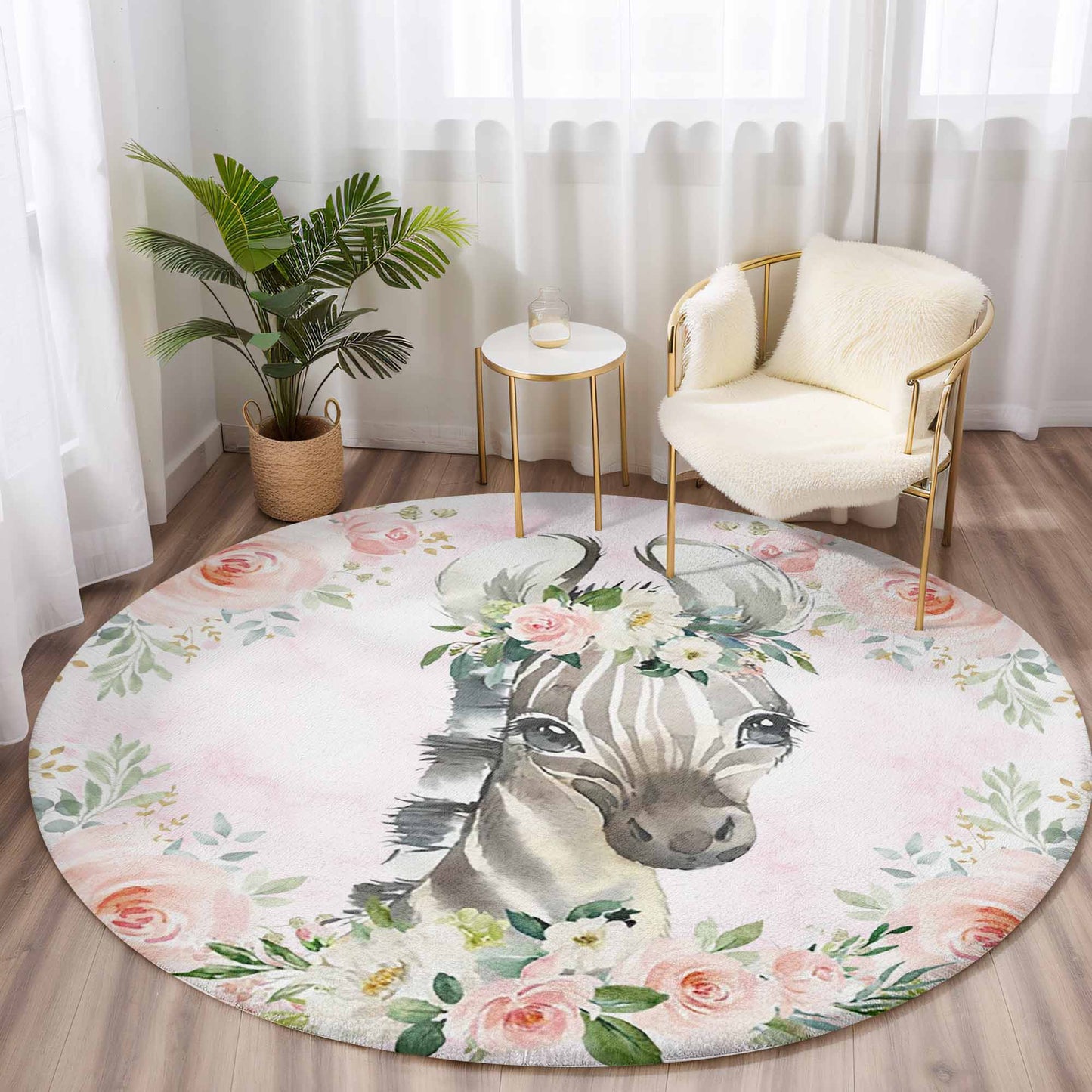 Baby Zebra Rose Floral Round Rug