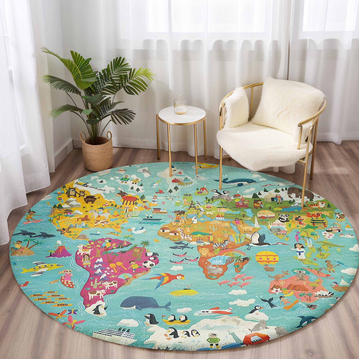 Animal World Map Round Rug