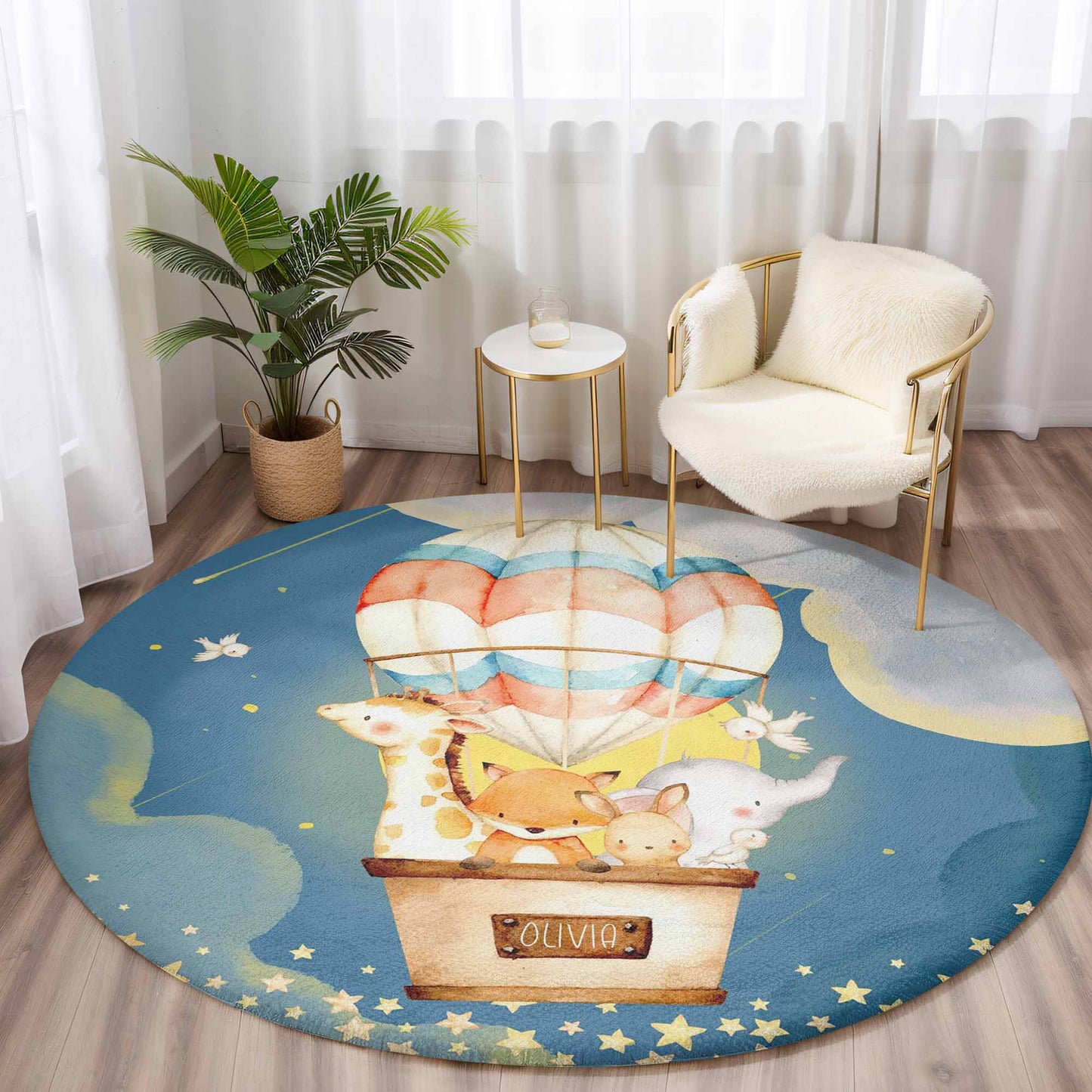 Hot Air Balloon Safari Animals Round Rug