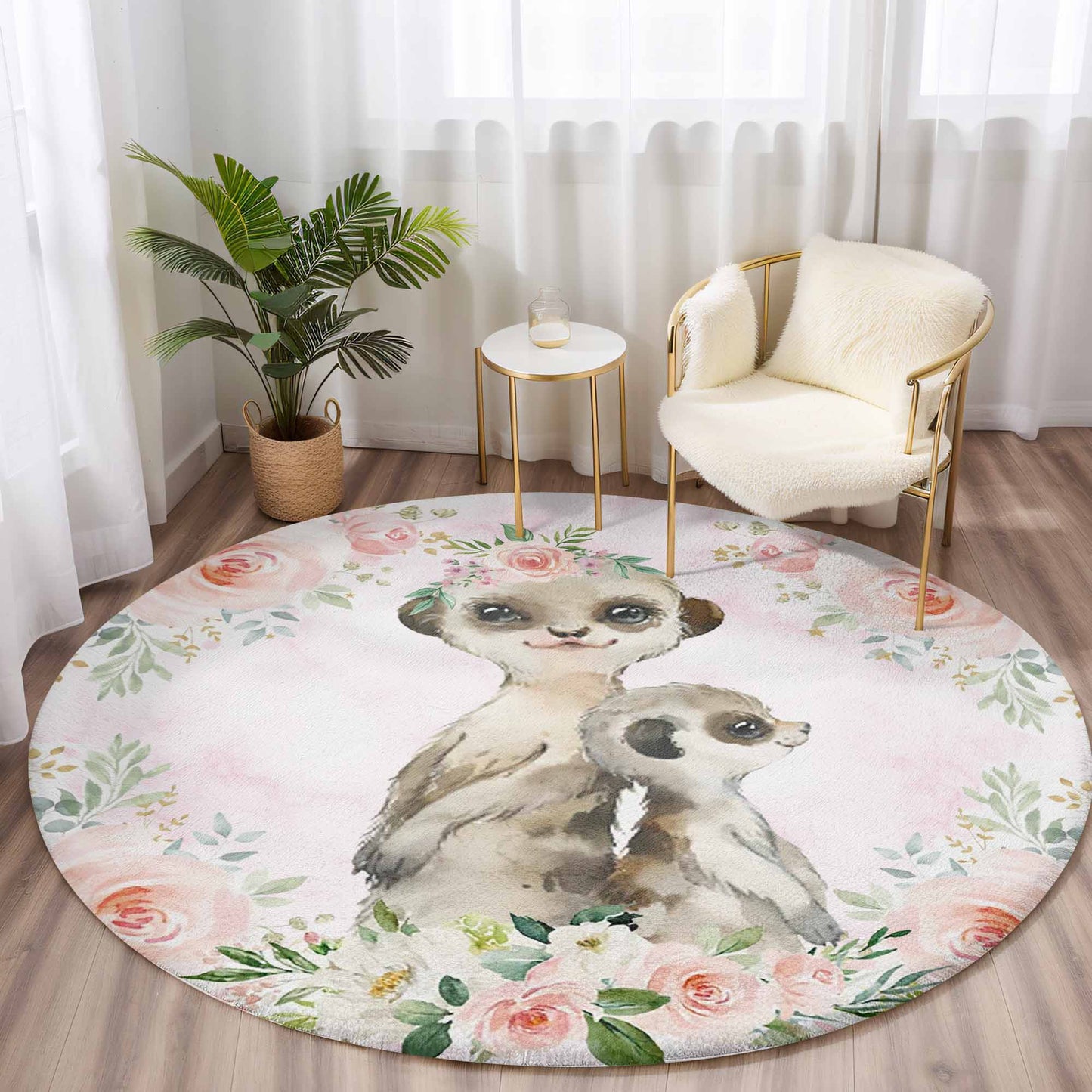 Mom And Baby Meerkat Rose Floral Round Rug