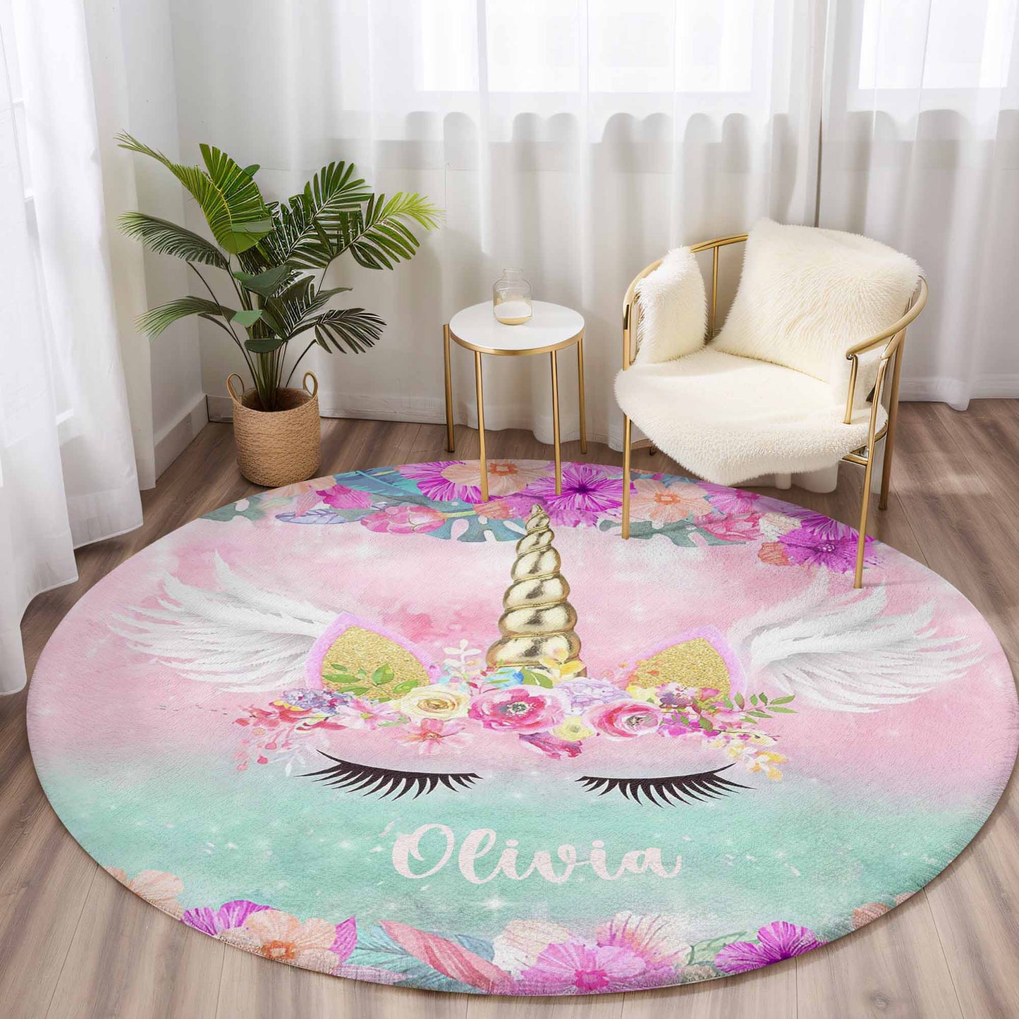 Floral Unicorn Face Round Rug