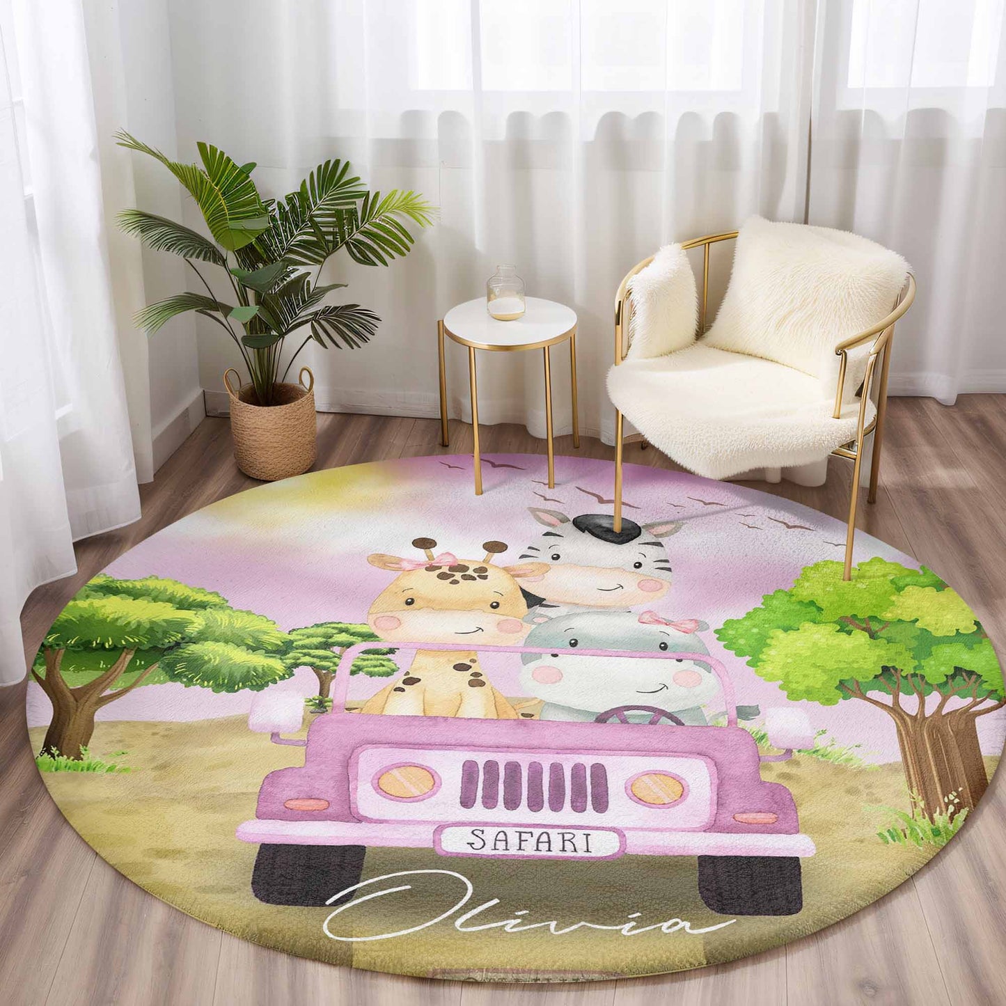 Safari Animals In Car Round Rug