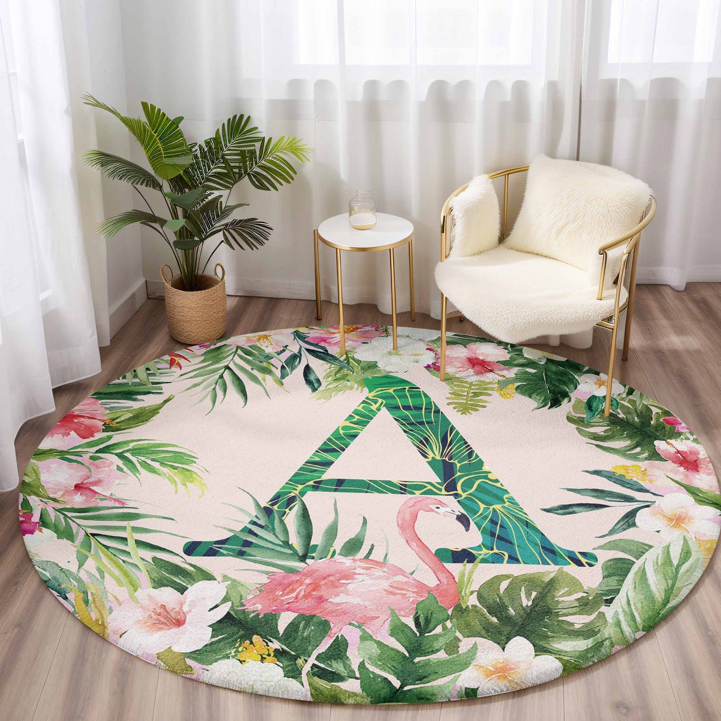 Tropical Flamingo Alphabet Round Rug