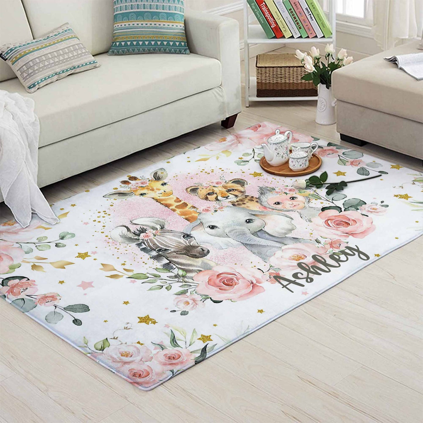 Safari Animals Rose Floral Rug