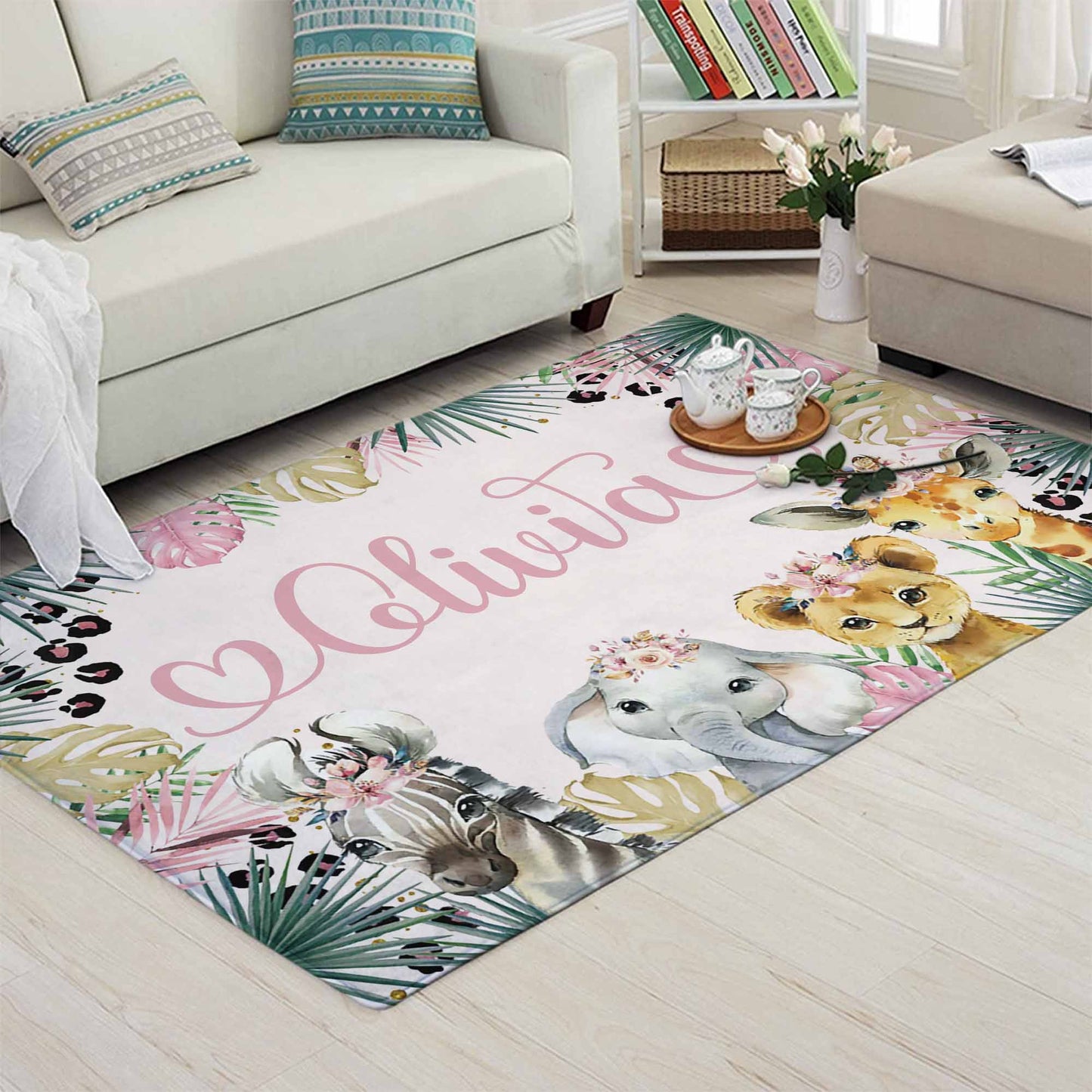 Safari Animals Floral Nursery Rug