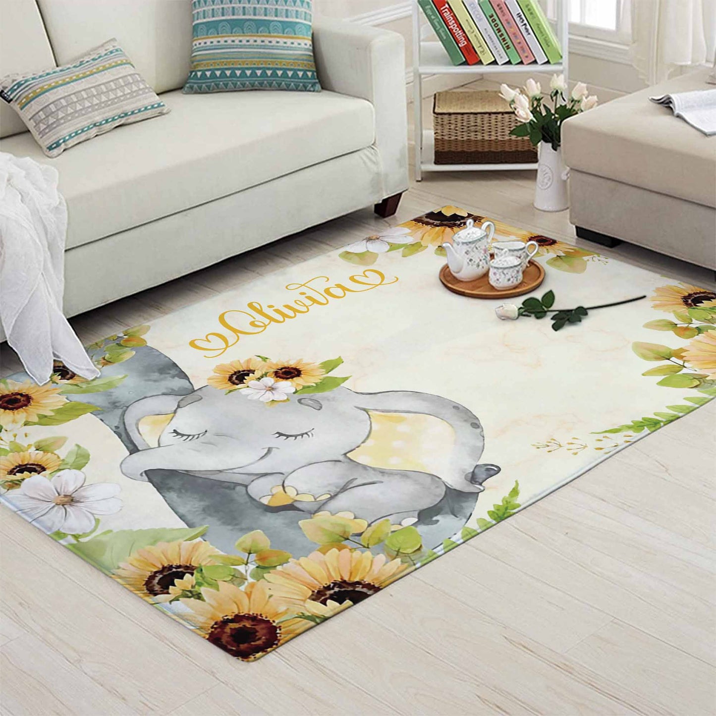 Baby Elephant Sunflower Nursery Rug