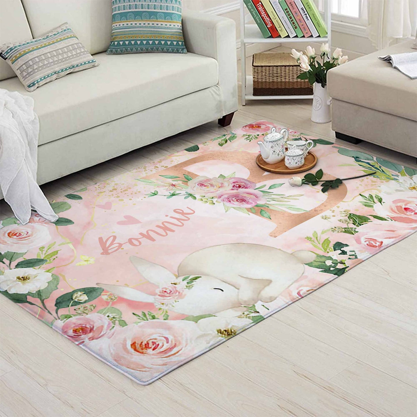 Rose Floral Bunny Nursery Rug